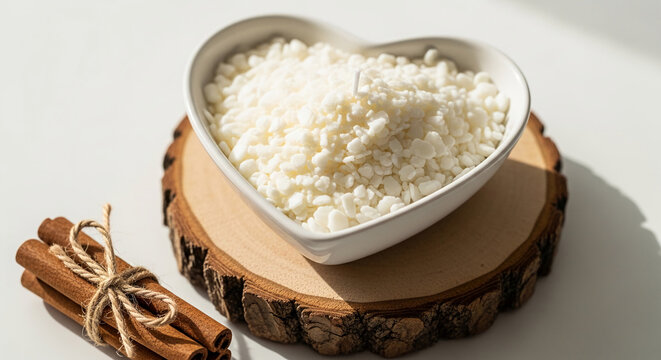 White wax flakes in a heart-shaped bowl and tied cinnamon sticks, symbolizing warmth, natural scent, and cozy ambiance, ideal for crafting or relaxation themes