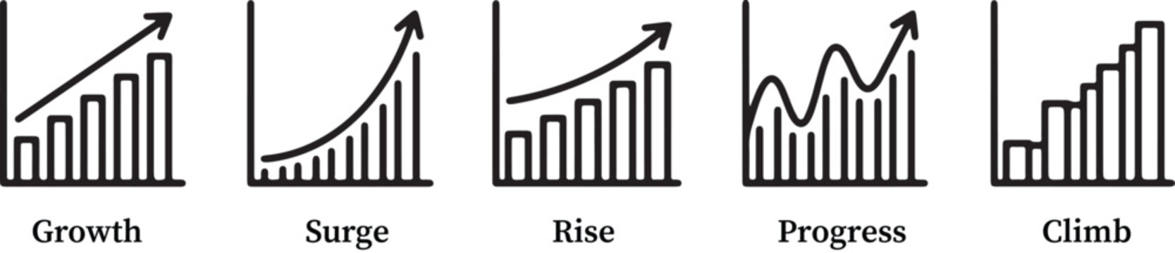 Set of business growth and progress bar charts with line trends isolated on white background