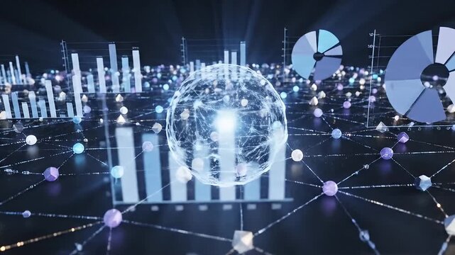 Abstract network with data visualizations and glowing sphere