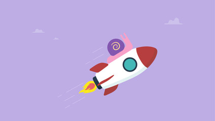 Slow snail flying fast with rocket booster metaphor of accelerate working process. Accelerate business, increase agility and efficiency, sprint or fast, innovation to increase work speed concept. © yedsgn