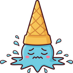 Un lindo dibujo animado de un triste cono de helado azul derritiéndose