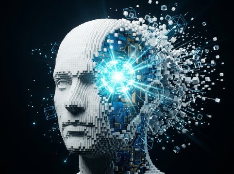 A digital rendering of a robot head with a glowing burst effect, illustrating technology's future.