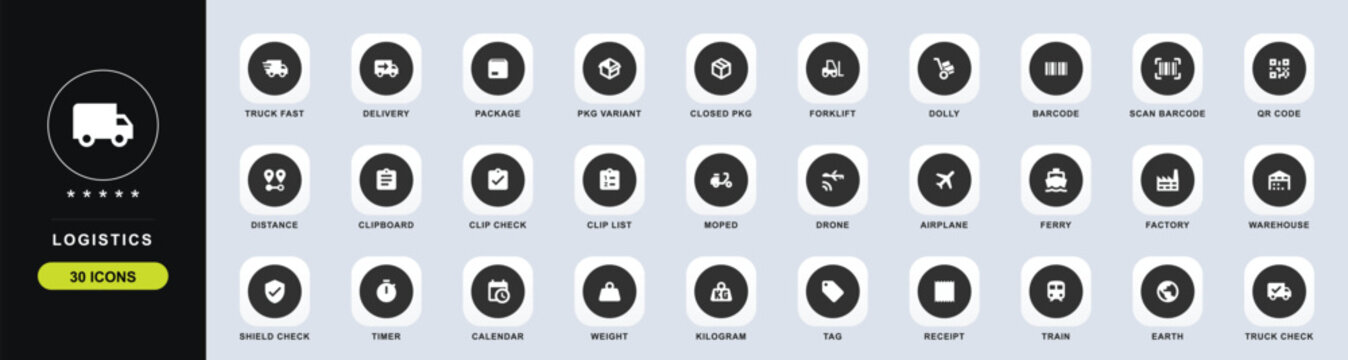 Logistics Flat Web Icon Set. Collection of logistics shipping vector icons, including truck, package, barcode, clipboard, drone, airplane, factory, warehouse, and more. High quality UI icons.