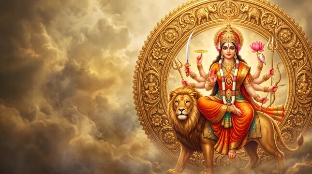 Hindu Goddess Durga seated on majestic lion inside ornate golden circular frame holding divine weapons lotus and trident against cloudy golden sky background