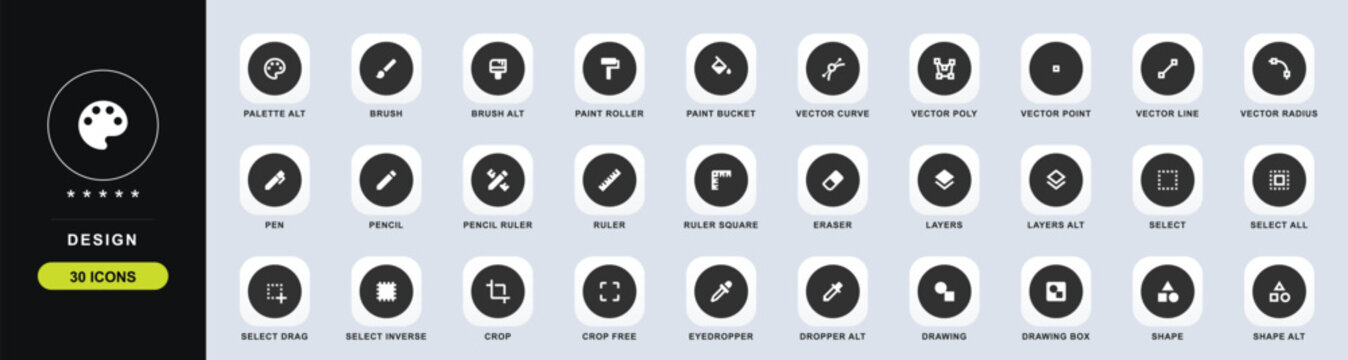 Design Flat Web Icon Set. Collection of design graphic vector icons, including palette, brush, pen, pencil, crop, ruler, layers, eraser, and more. High quality UI icons.