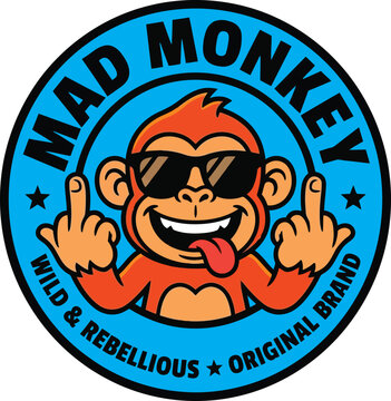 Cool mad monkey cartoon emblem with sunglasses showing middle finger gesture. Bold rebellious vector design for edgy streetwear, apparel, t-shirts and stickers.