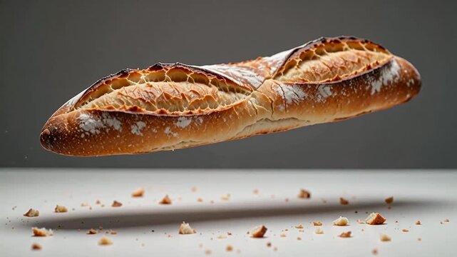 Freshly baked artisan bread loaf floating above a clean surface, showcasing its golden crust and airy interior with crumbs scattered around