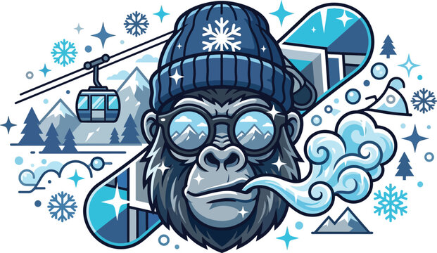 Shred the slopes! Cool snowboarding gorilla vector character wearing a beanie and sunglasses with mountains, ski lift, and snowflakes. Pure white background.