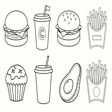 P&aacute;gina para colorear en blanco y negro con varias comidas r&aacute;pidas y aperitivos