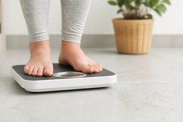 Fototapeta premium A person's bare feet are standing on a digital bathroom scale in a bright, indoor setting.
