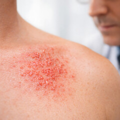 Fototapeta premium Close up of irritated shoulder rash with blurred doctor examining skin condition in clinic