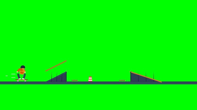 Skateboarder character performing jumps and tricks in a skate park animation on green screen background