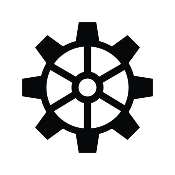 Minimalist black gear wheel icon with eight bold teeth and six inner spokes, isolated on a white background. Clean industrial engineering symbol ideal for settings, machinery, manufacturing, automatio