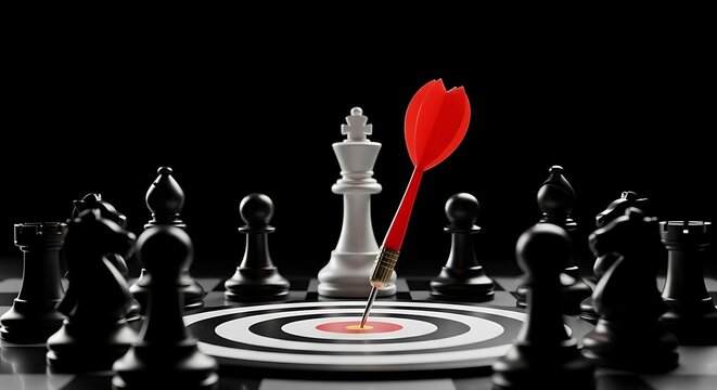 Red dart hitting bullseye with white chess king on dark background