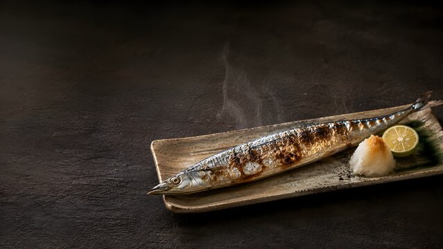 Grilled Pacific saury sanma fish on ceramic plate with grated daikon and lime