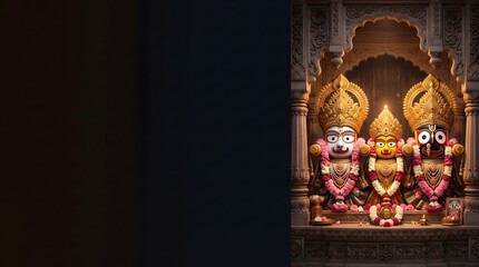 Fototapeta premium Ornate Hindu deities Lord Jagannath, Balabhadra, and Subhadra adorned with golden crowns inside an ancient temple sanctum.