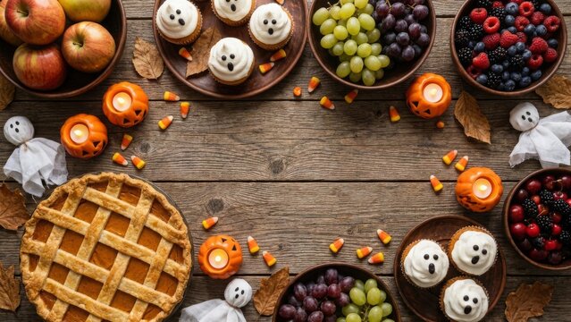Food - Halloween food flat lay with pumpkin pie fruits and cupcakes