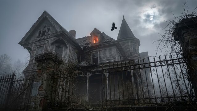 Halloween - Spooky haunted Victorian house at night with glowing window and raven