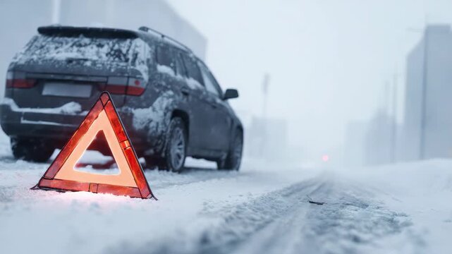 A winter storm warning sign in front of a snow covered SUV.