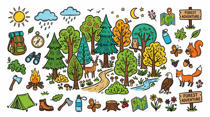 Obraz premium Forest Nature Doodle Illustration, Colorful Hand Drawn Woodland Landscape Style