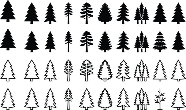 Pine tree silhouettes and outline icons, 40 evergreen forest conifer vector elements, black spruce and fir tree shapes for outdoor nature branding