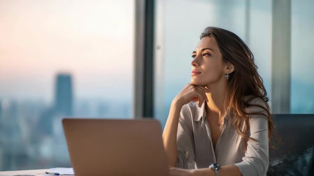 A professional woman sitting at a desk in an office overlooking the city, deep in thought or work.
