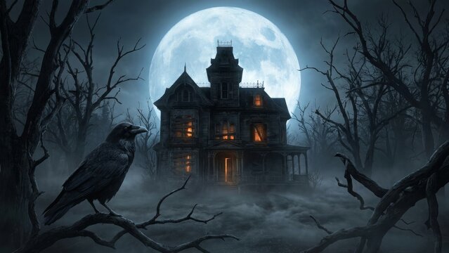 Holiday - Spooky haunted house under a full moon with crow and fog