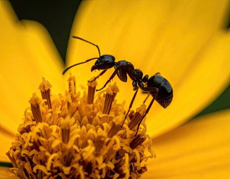 A black ant crawls over bright yellow flower petals and stamens