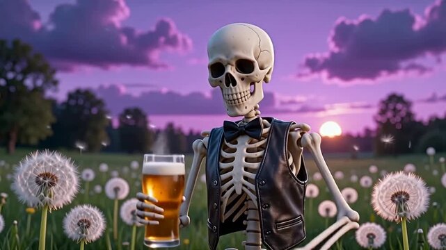 Skeleton in black vest and bow tie raises a glass of beer in a field of dandelions at sunset, with purple clouds and trees in the background