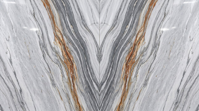 Luxury bookmatched marble texture background, polished grey and white marble slab with golden veins, symmetrical natural stone pattern for interior design