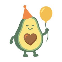 Fototapeta premium Cute avocado character celebrating with a party hat and holding a yellow balloon. Features a heart shape on its body. Perfect for food, celebration, and healthy lifestyle themes.