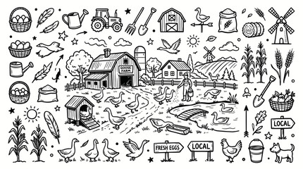 Fototapeta premium Goose Farm Doodle Illustration, Hand Drawn Rural Animal Farm Line Art Style