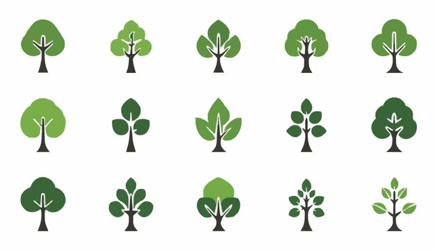 Green Tree Icon Collection Set Flat Nature and Eco Vector Isolated