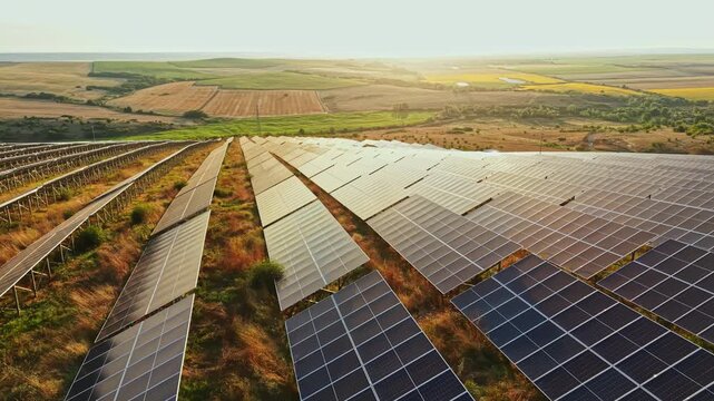 Rows of solar panels are placed on a sloped field. The sun is setting, casting light across green and yellow fields. This location highlights the use of solar energy in agriculture.