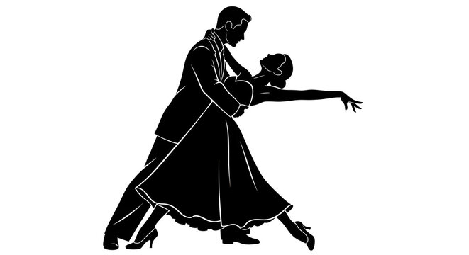 Ballroom dancing couple silhouette performing elegant tango dip pose on isolated white background art.
