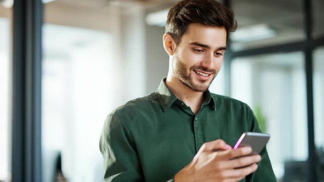 A young man in a green shirt is looking at his phone and smiling. He is standing indoors with light streaming through the windows in the background.