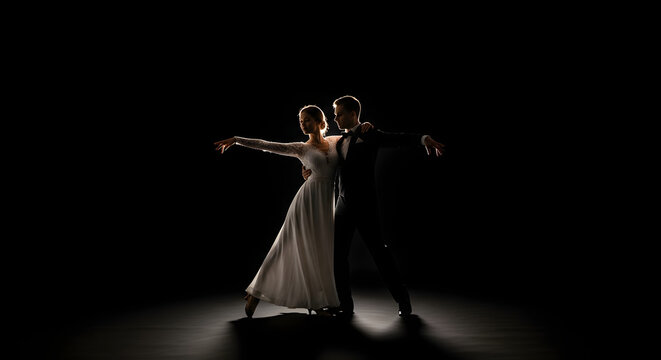 A couple dancing gracefully together in elegant attire on a dark stage with subtle backlighting.