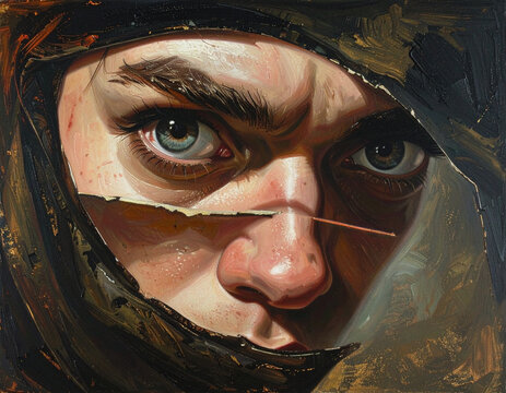 Intense face of a person looking through a torn canvas portrait