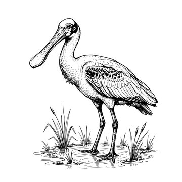 Roseate spoonbill bird illustration. Hand drawn sketch of a wading bird in a wetland.