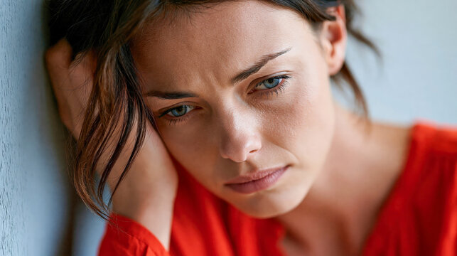 Worried young woman with hand in hair looking away with pensive expression wearing red blouse