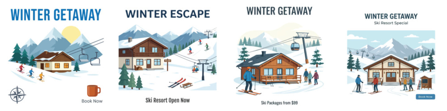 Winter ski resort promotional vector set on a white background