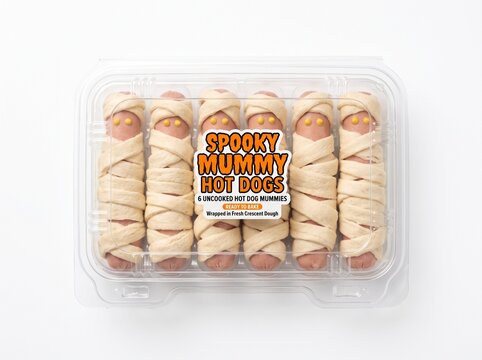 Retail product shot of a clear plastic clamshell container holding hot dog mummies, isolated on a solid white background for grocery store ads.