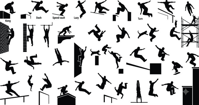 Collection of Parkour and Freerunning Silhouette Icons Featuring Various Athletic Jumps and Vaulting Moves