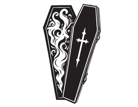 Two coffins with ornate designs black and white vector illustration