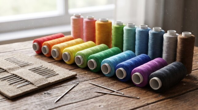 Colorful sewing thread spools and steel needles in felt case on rustic wooden table with natural window light