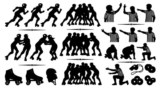 Roller Derby Silhouettes, Action Poses, Referee Signals, Equipment Icons, Vector Set for Sports Graphics