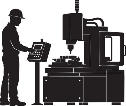 CNC Machine Operator Controlling Industrial Milling Machine Silhouette Vector