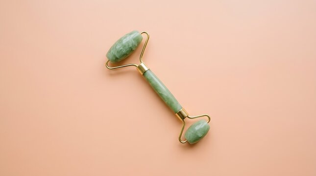 Green jade facial massage roller resting on peach colored background