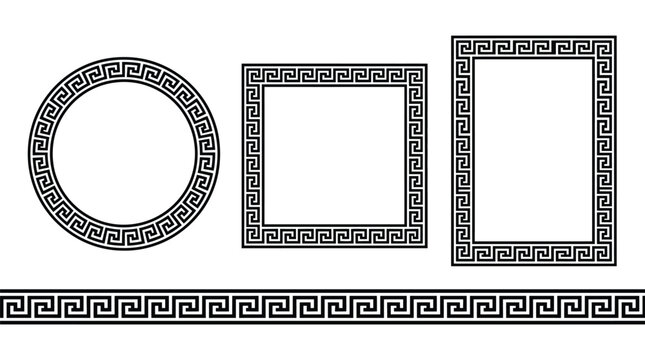 Greek key pattern frame set with circle, square and rectangle border design elements