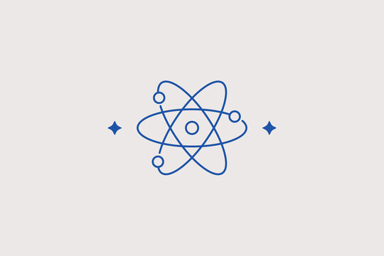 Atom model line icon for physics laboratory. Vector illustration for nuclear energy, science research, quantum mechanics, education.